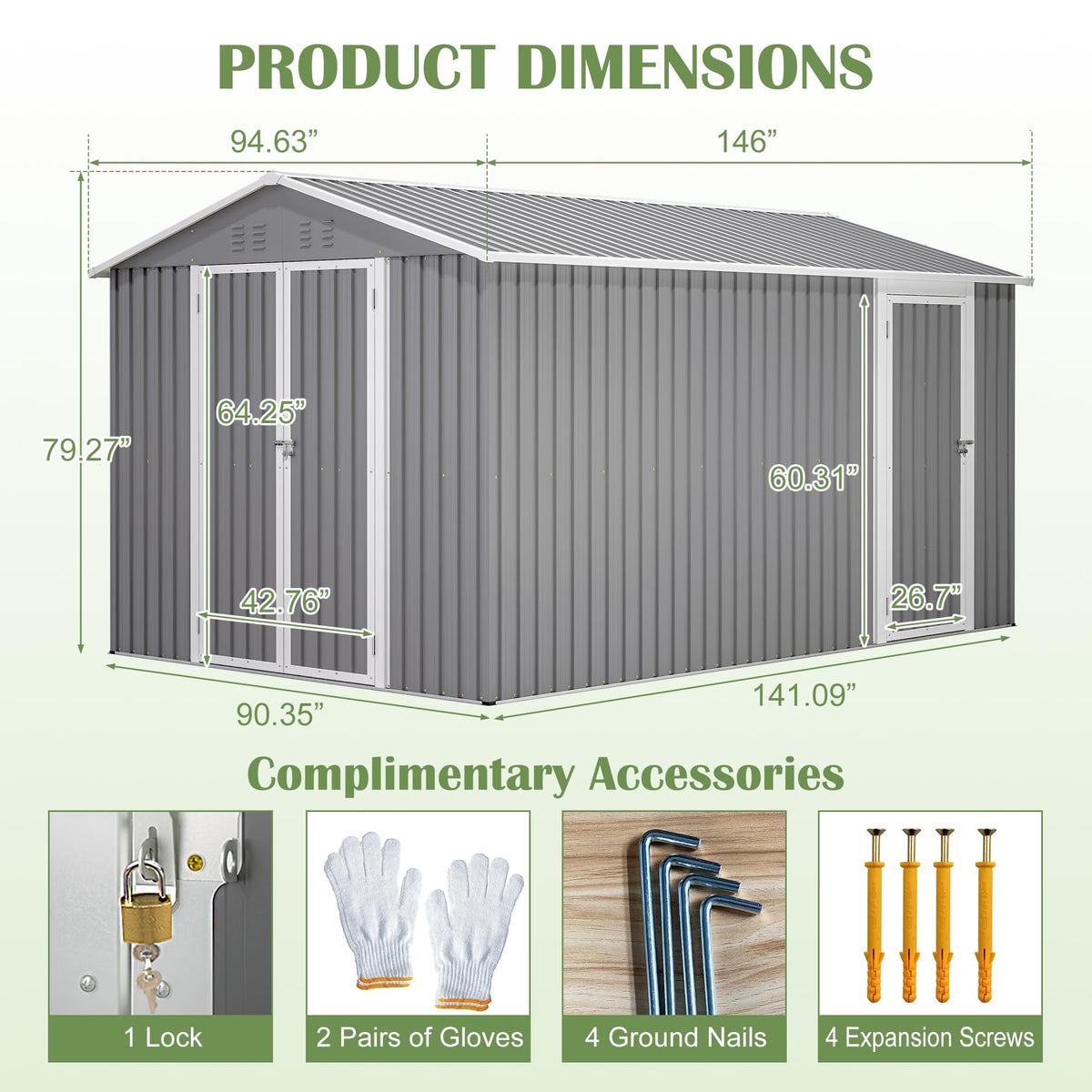 12x8 FT Galvanized Steel Storage Shed with Lockable Doors Z605