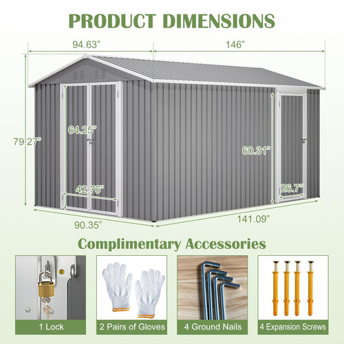 12x8 FT Galvanized Steel Storage Shed with Lockable Doors Z605