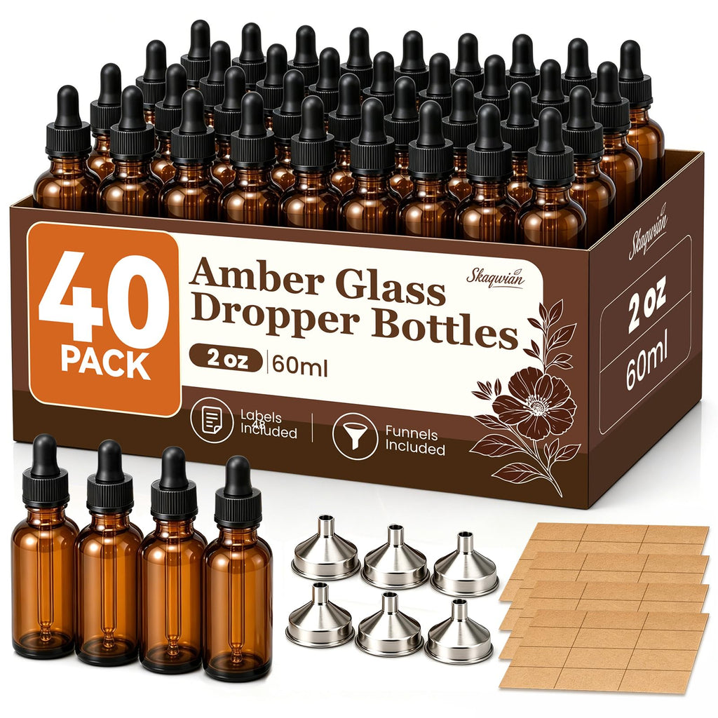 2 oz Amber Glass Dropper Bottles with Funnels, 40 Pack T4080