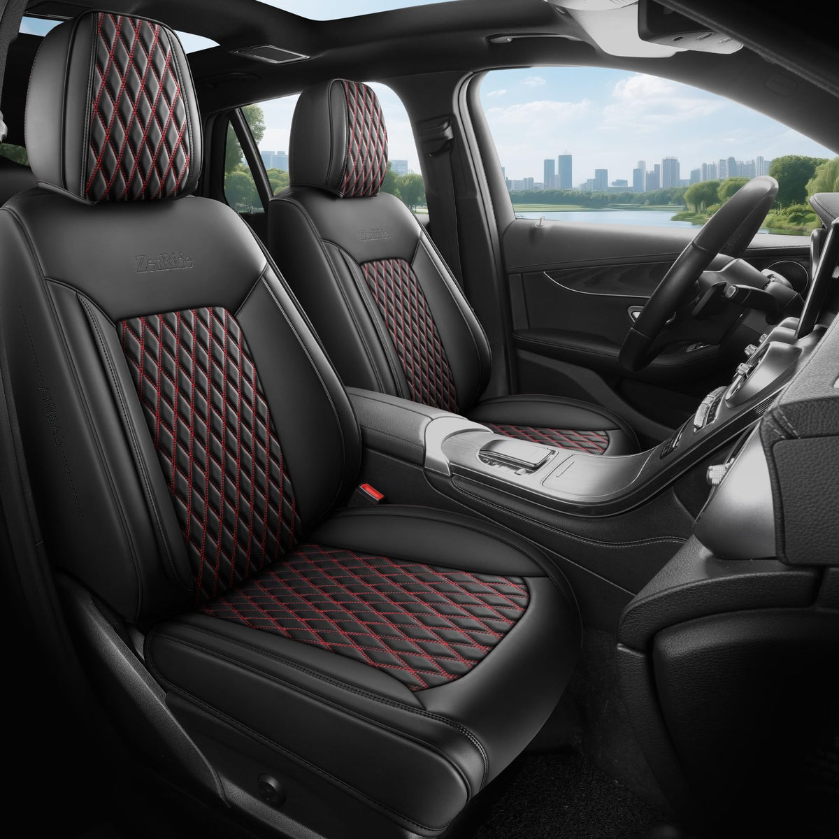 Black and Red Thick Nappa Leather Car Seat Covers Set of 2 G76485