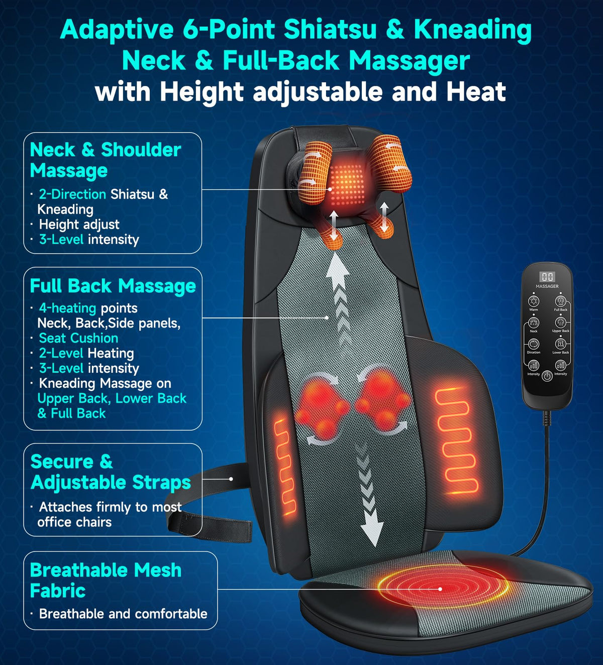 Black Shiatsu Back Massager Chair Pad with 4-Zone Heat F945