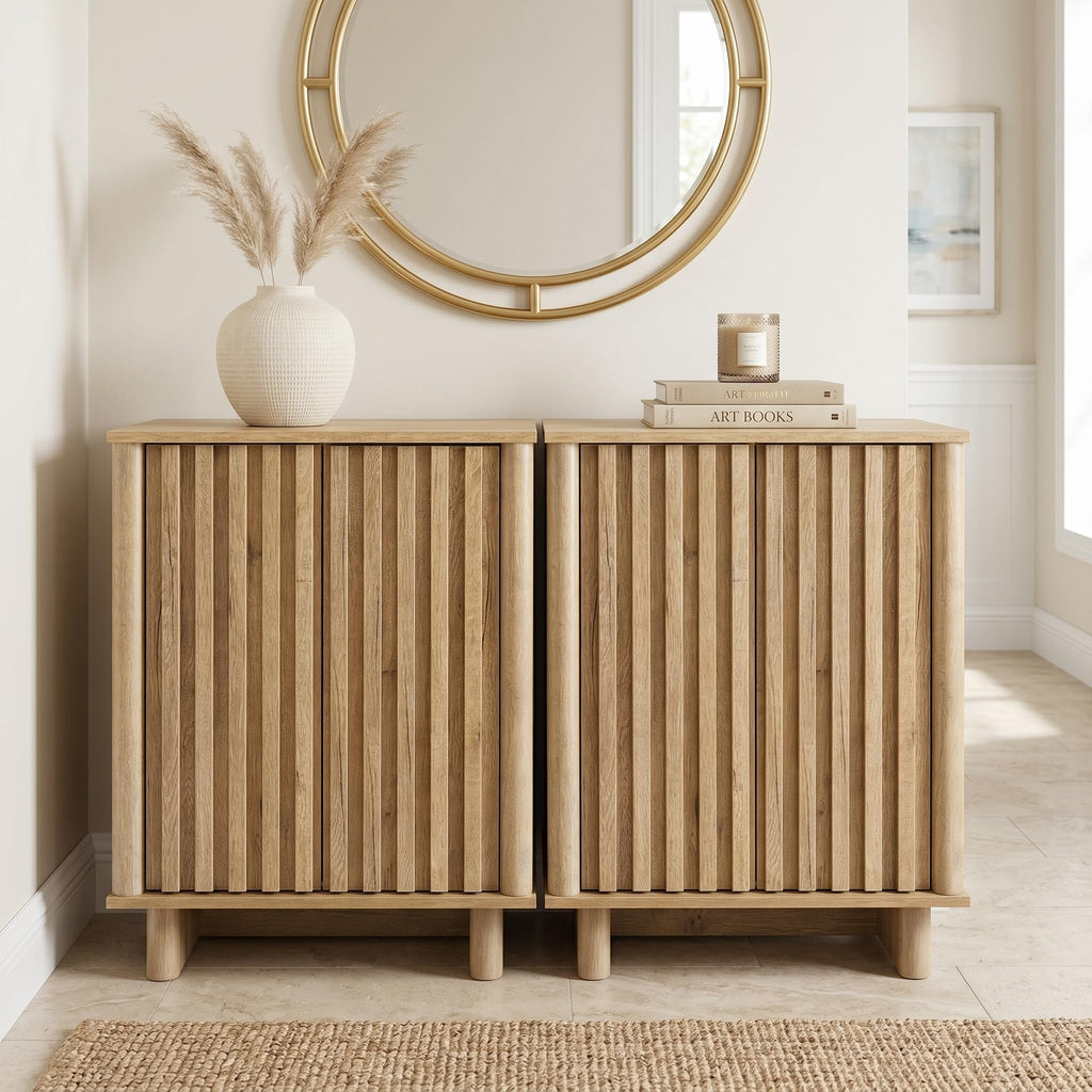 Brown Oak Fluted Sideboard Buffet Cabinet R749