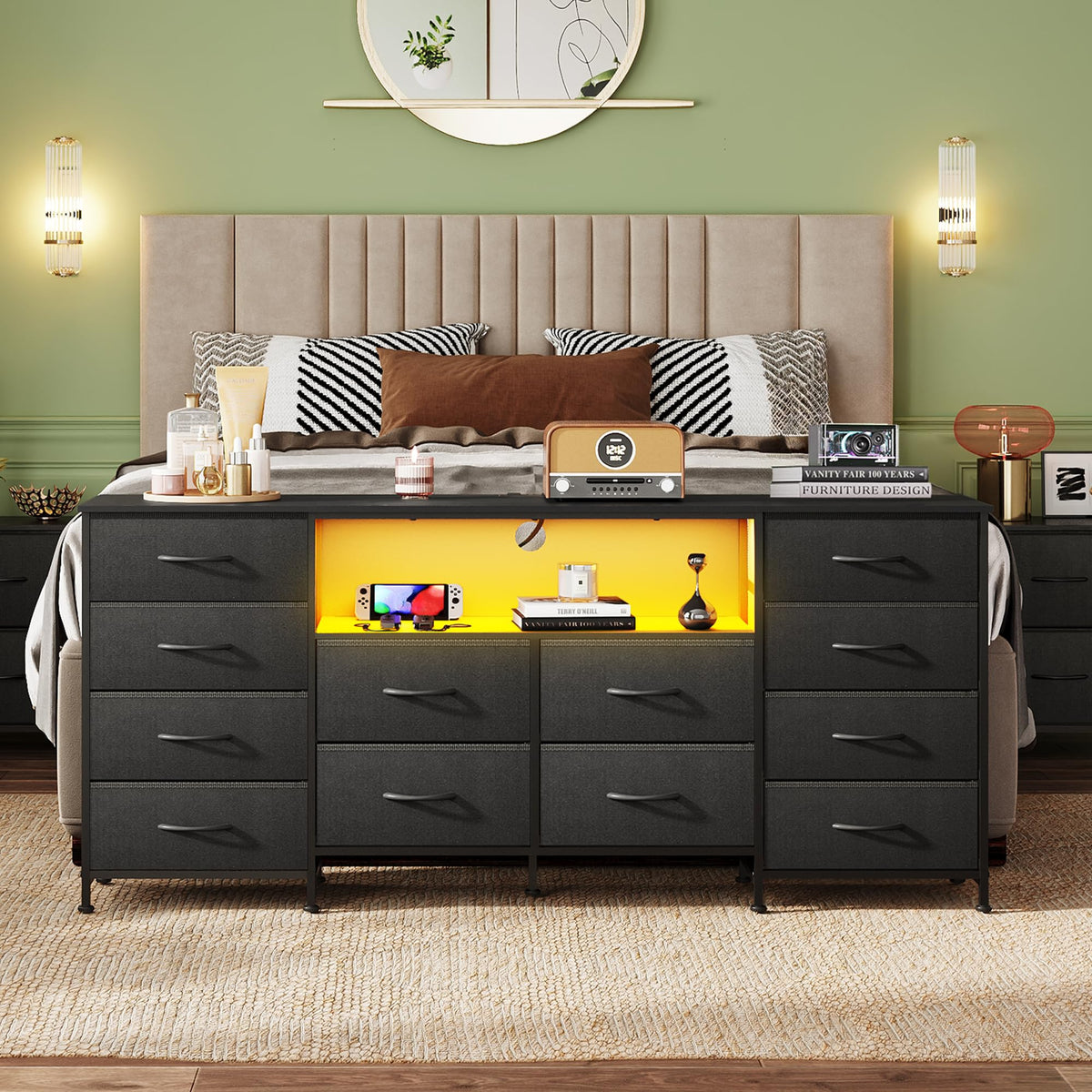 Black 12 Drawer LED Dresser TV Stand N621