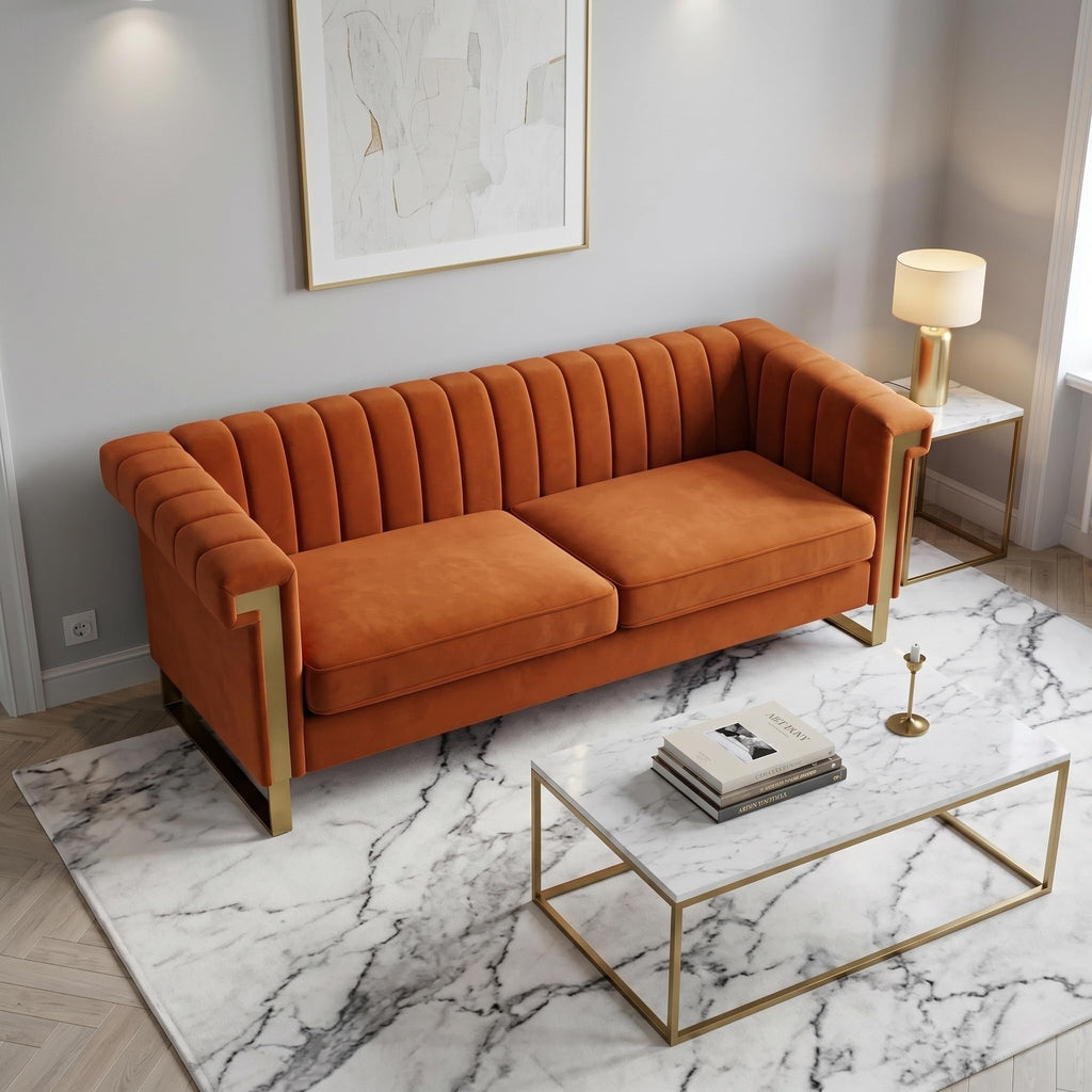 Orange Velvet 3-Seater Sofa V9823