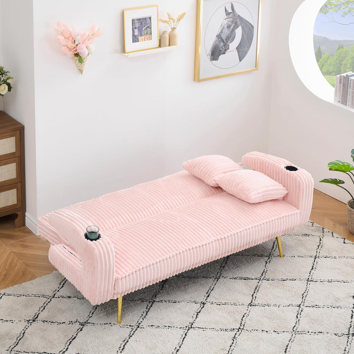 Pink Teddy Fabric Convertible Futon Sofa Bed K258431