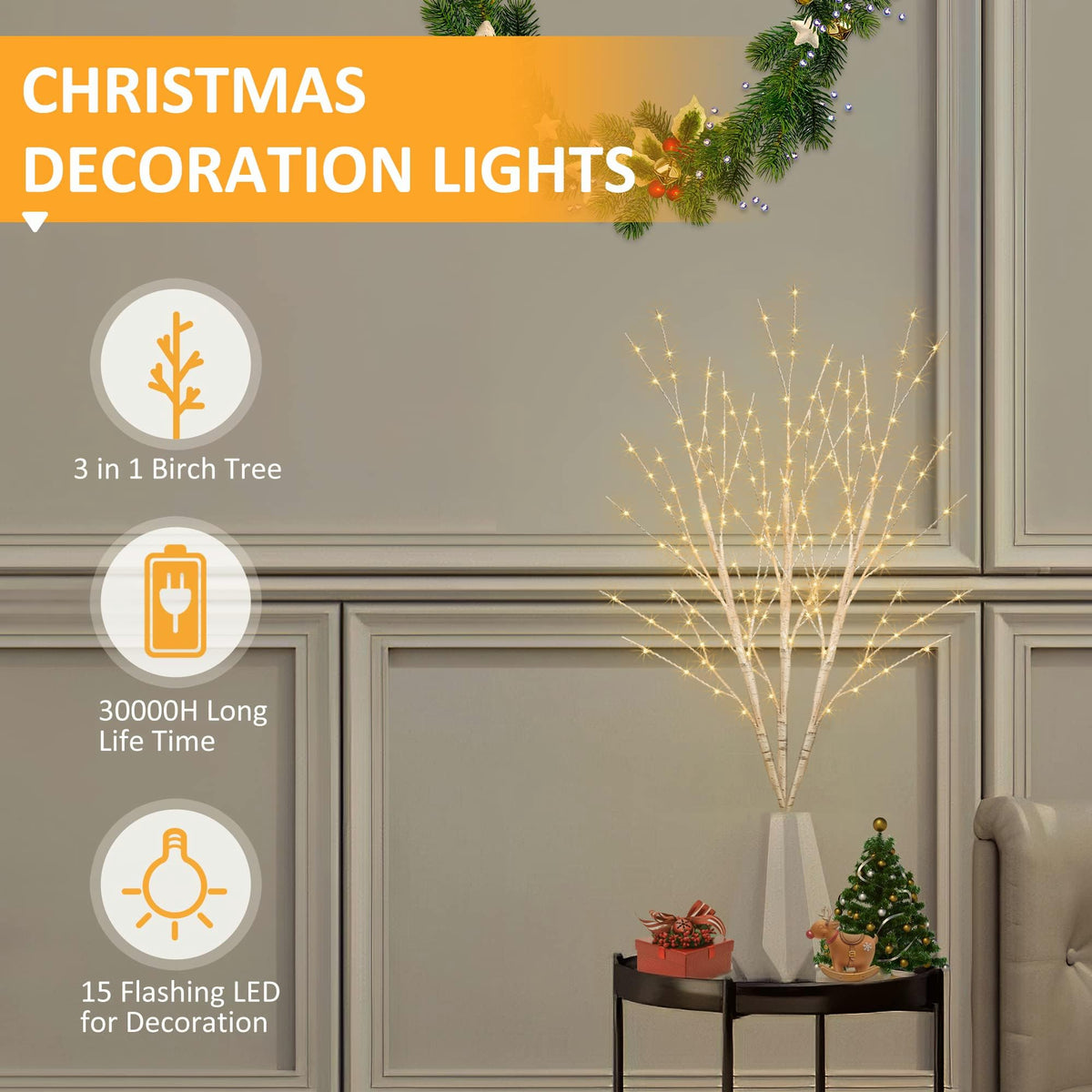 Lighted Birch White Tree Branches 33IN 180LED with Timer F638130