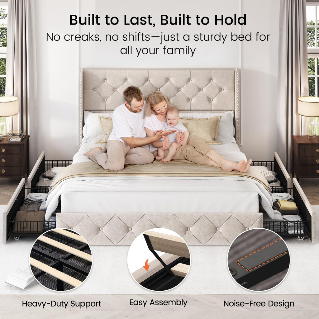 Queen Size Linen Upholstered Platform Bed Frame with 4 Storage Drawers H922
