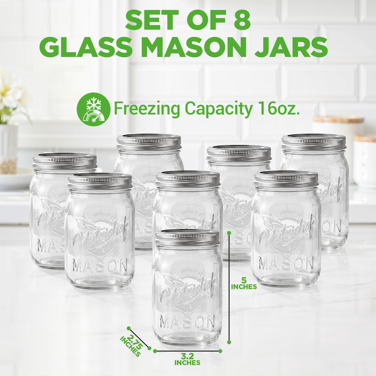 8-Pack 16 oz Glass Mason Jars with Lids T569