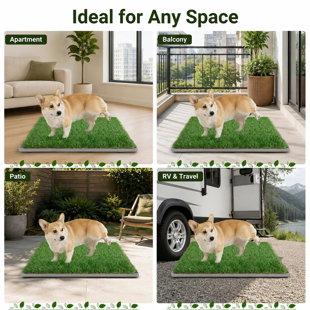 Dog Grass Pad with Tray 20" x 24" Artificial Grass Pee Pads with Non-Slip Grey Silicone Tray & 2 Replacement Grass Mats W353038