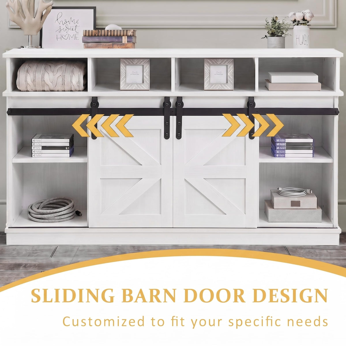 White Farmhouse TV Stand with Sliding Barn Doors N76306