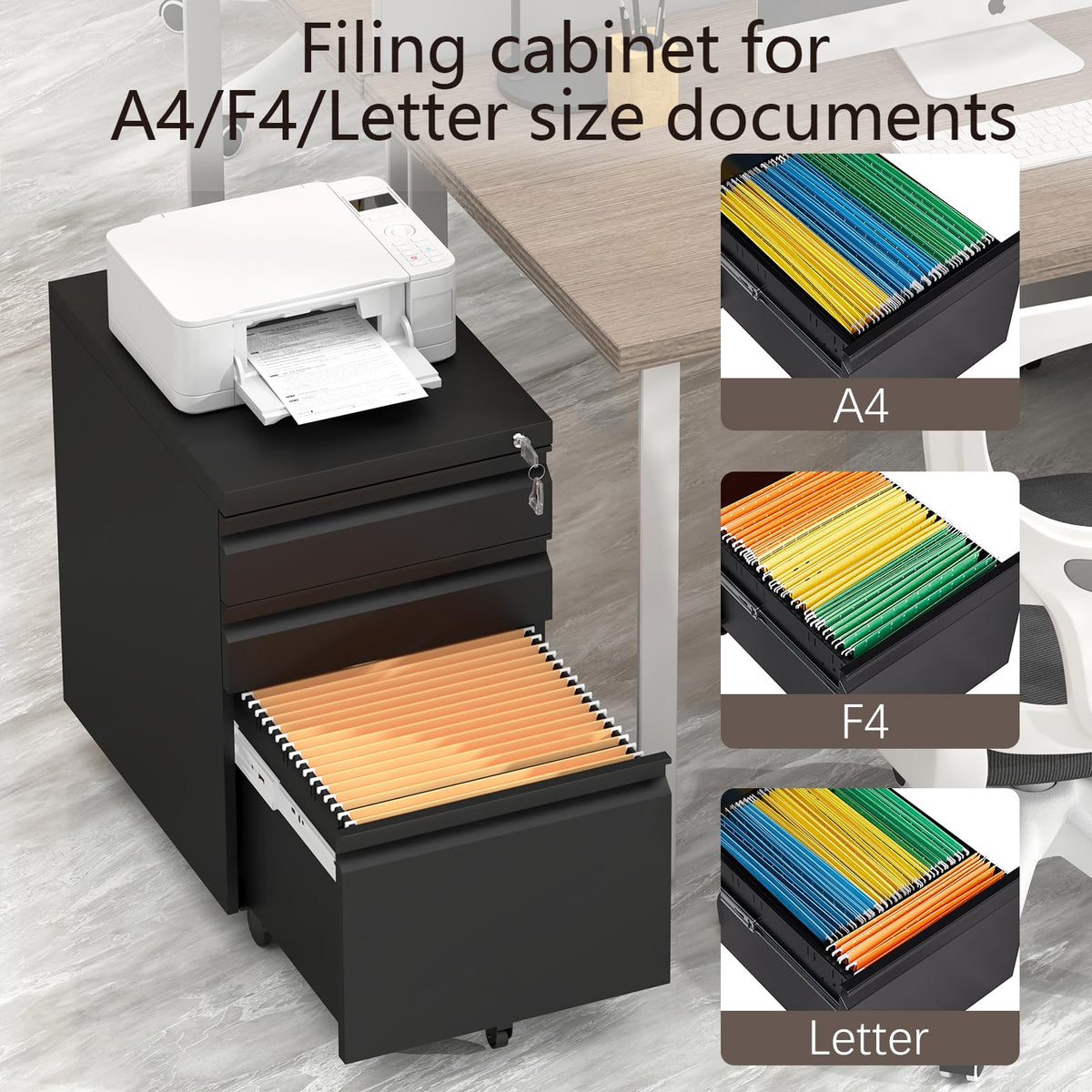 Black 3 Drawer Metal File Cabinet with Lock E2623