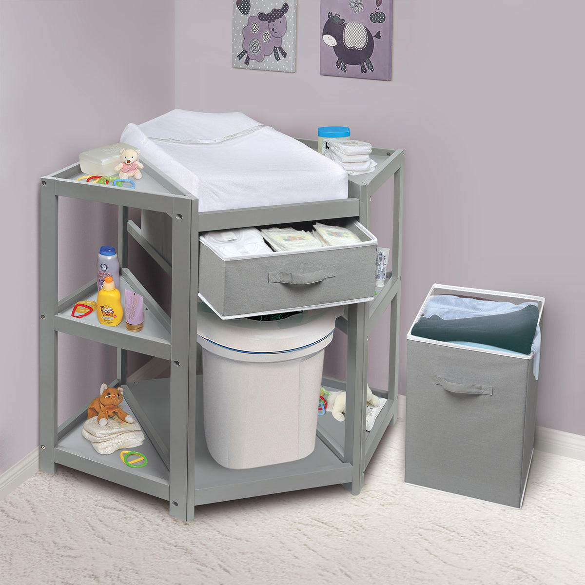 Gray Corner Baby Changing Table with Storage Bin C844423