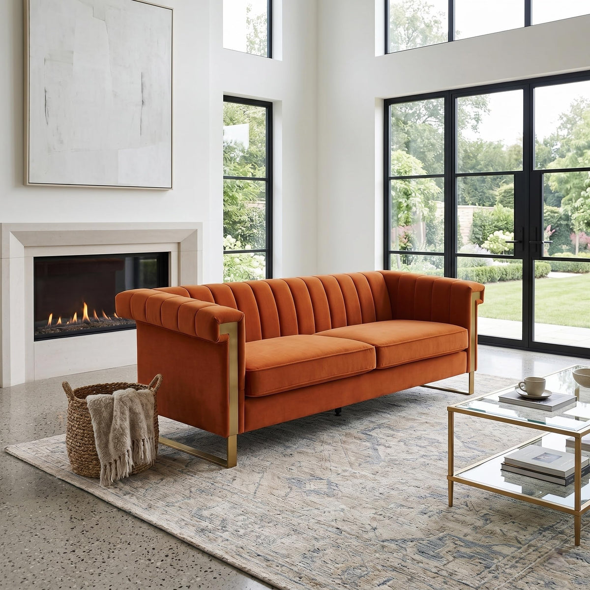 Orange Velvet 3-Seater Sofa V9823