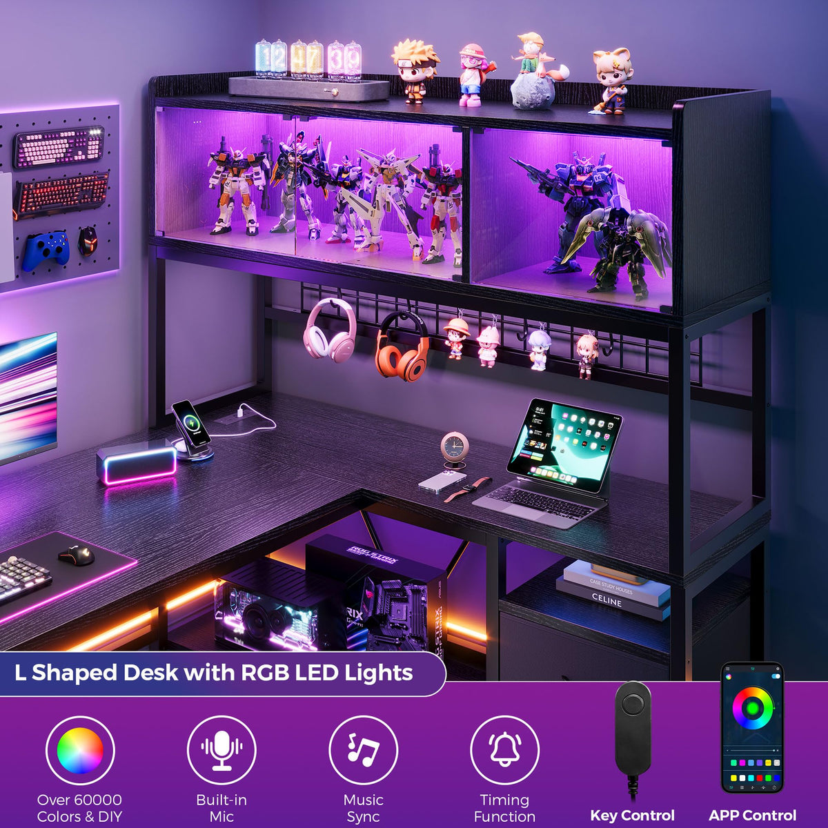 L Shaped Gaming Desk with Fabric Drawers and Power Outlet, Black L4101