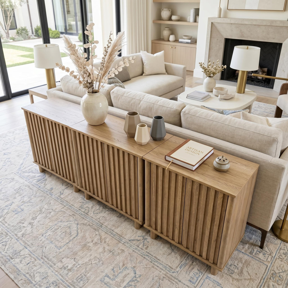 Brown Oak Fluted Sideboard Buffet Cabinet R749