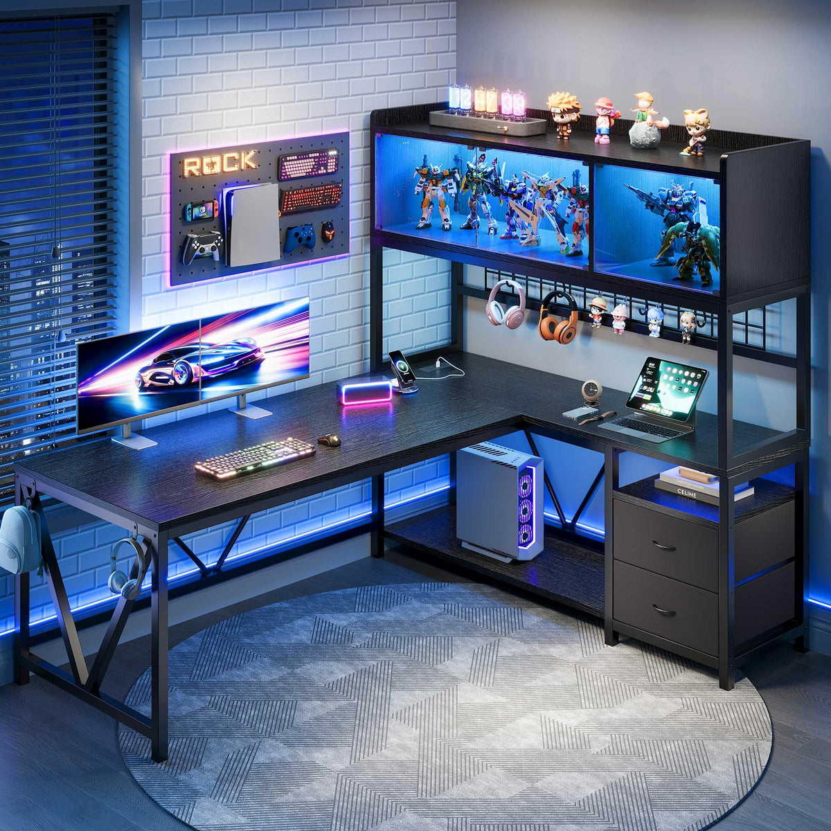 L Shaped Gaming Desk with Fabric Drawers and Power Outlet, Black L4101