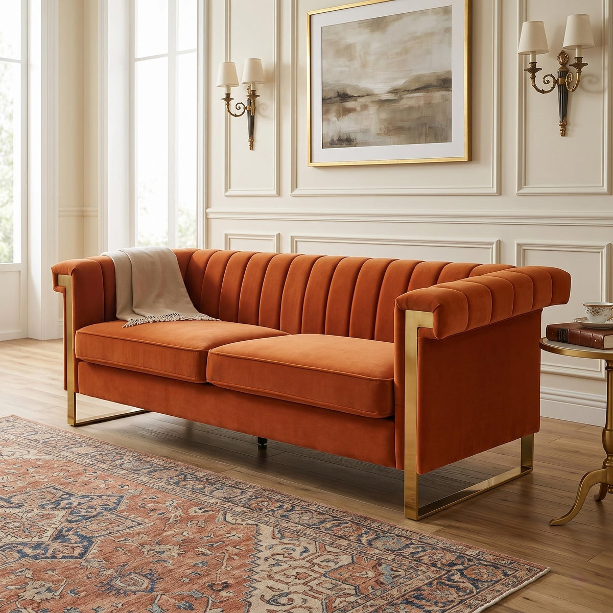 Orange Velvet 3-Seater Sofa V9823