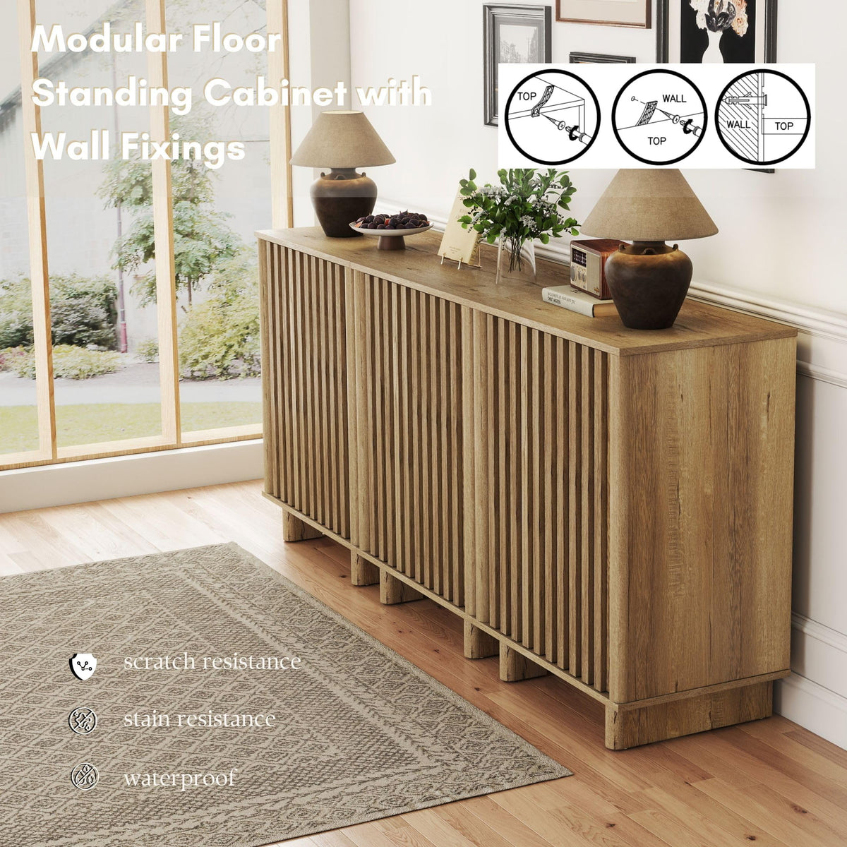Brown Oak Fluted Sideboard Buffet Cabinet R749