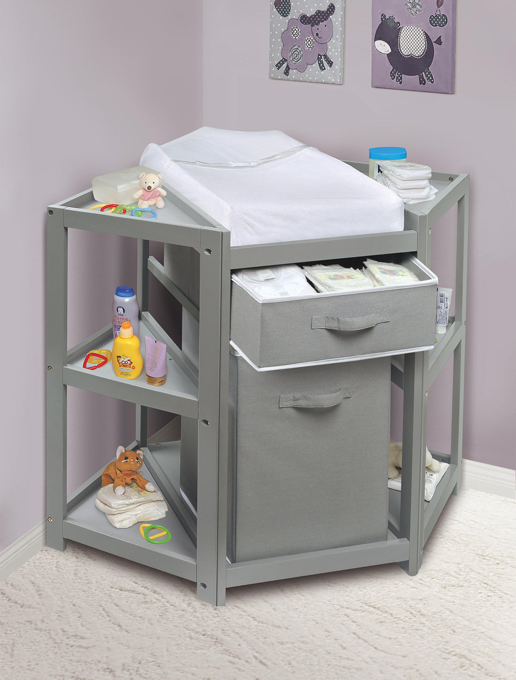 Gray Corner Baby Changing Table with Storage Bin C844423