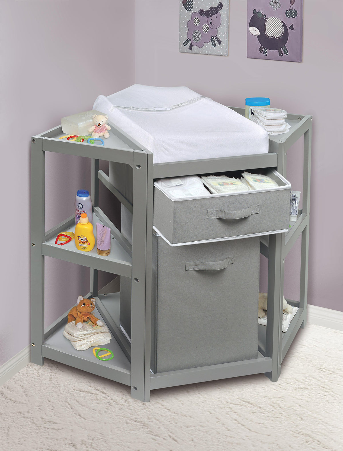 Gray Corner Baby Changing Table with Storage Bin C844423