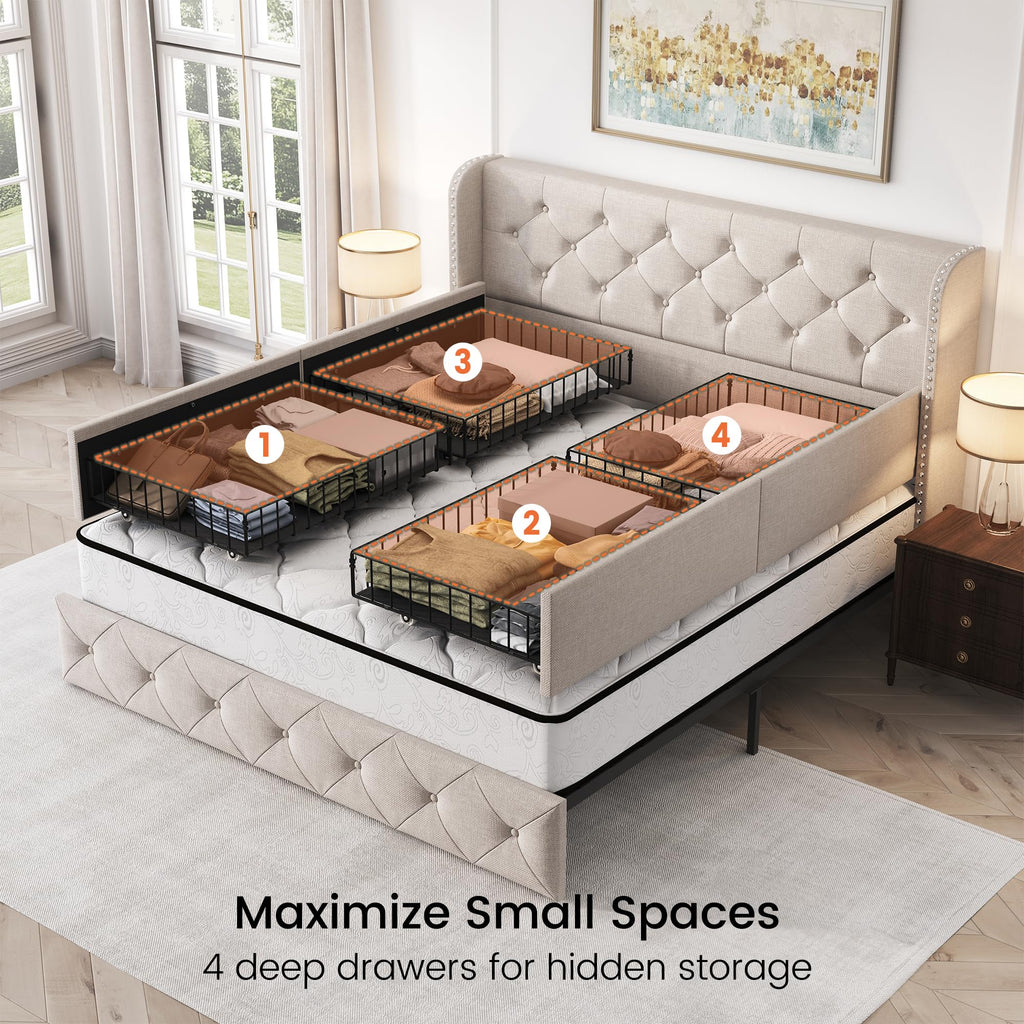 Queen Size Linen Upholstered Platform Bed Frame with 4 Storage Drawers H922