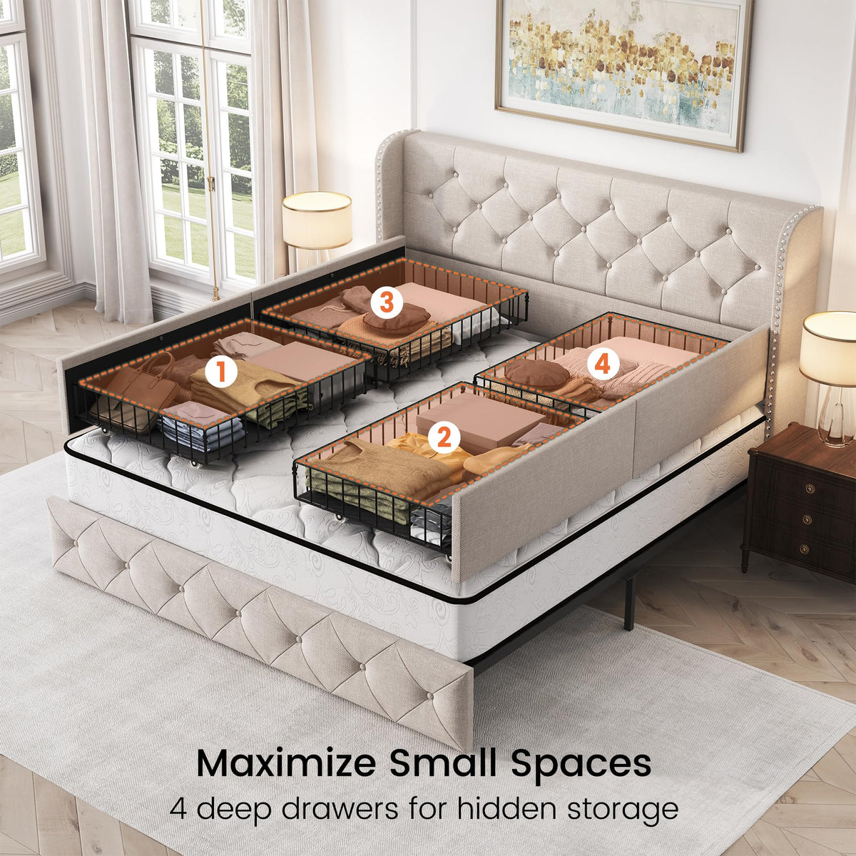 Queen Size Linen Upholstered Platform Bed Frame with 4 Storage Drawers H922
