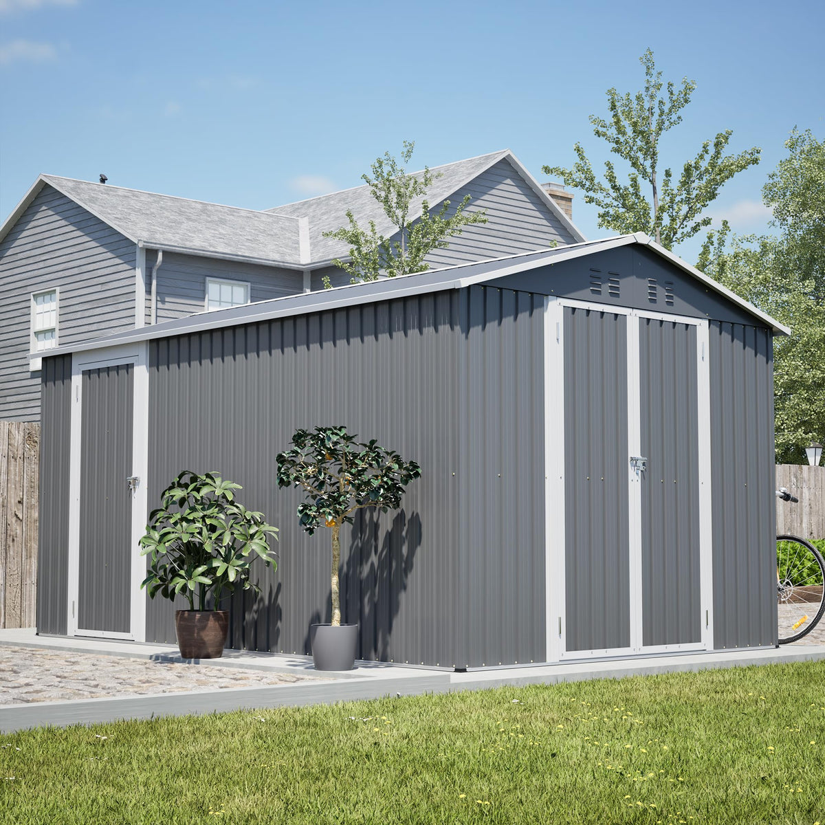 12x8 FT Galvanized Steel Storage Shed with Lockable Doors Z605
