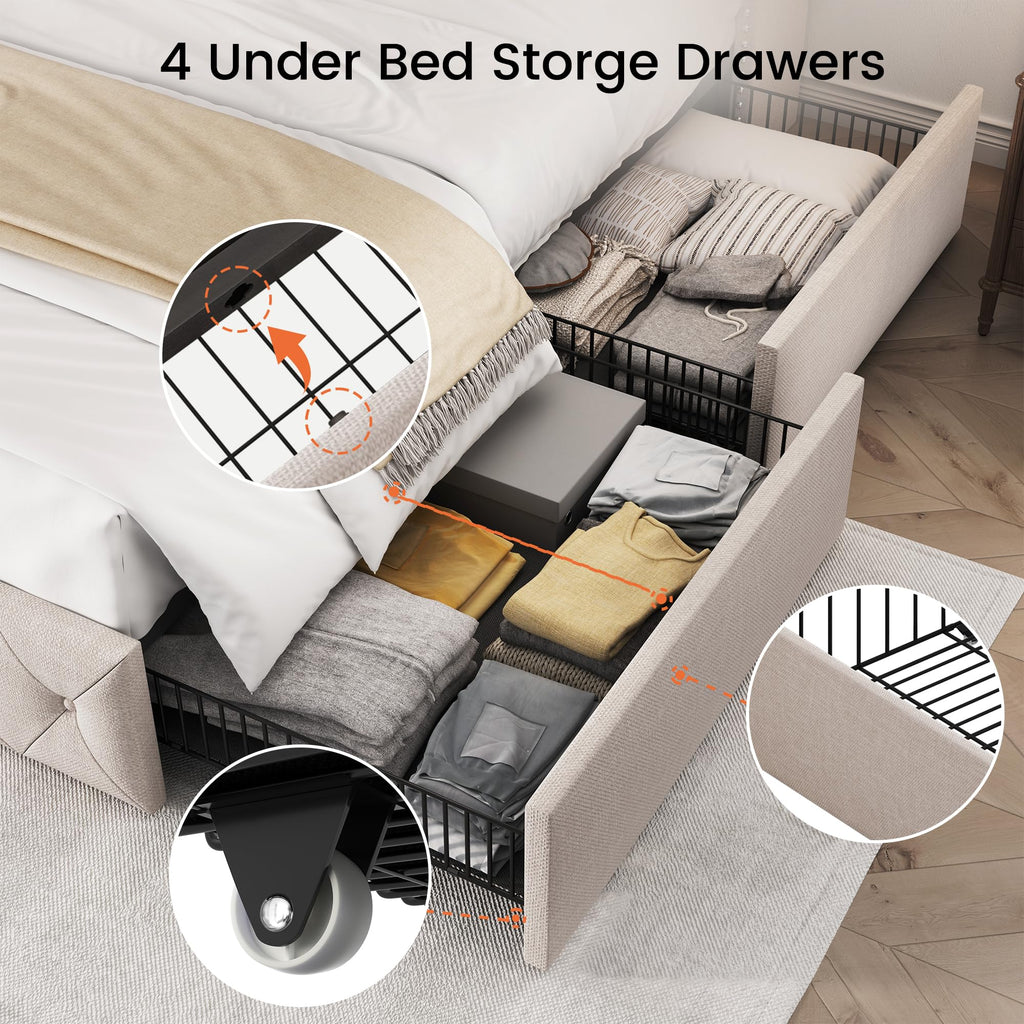 Queen Size Linen Upholstered Platform Bed Frame with 4 Storage Drawers H922