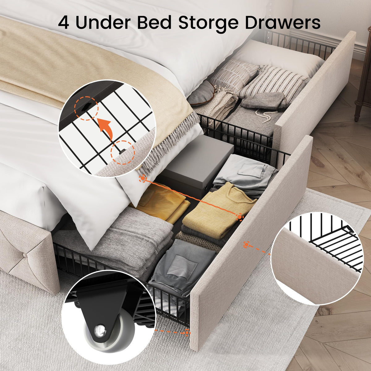 Queen Size Linen Upholstered Platform Bed Frame with 4 Storage Drawers H922