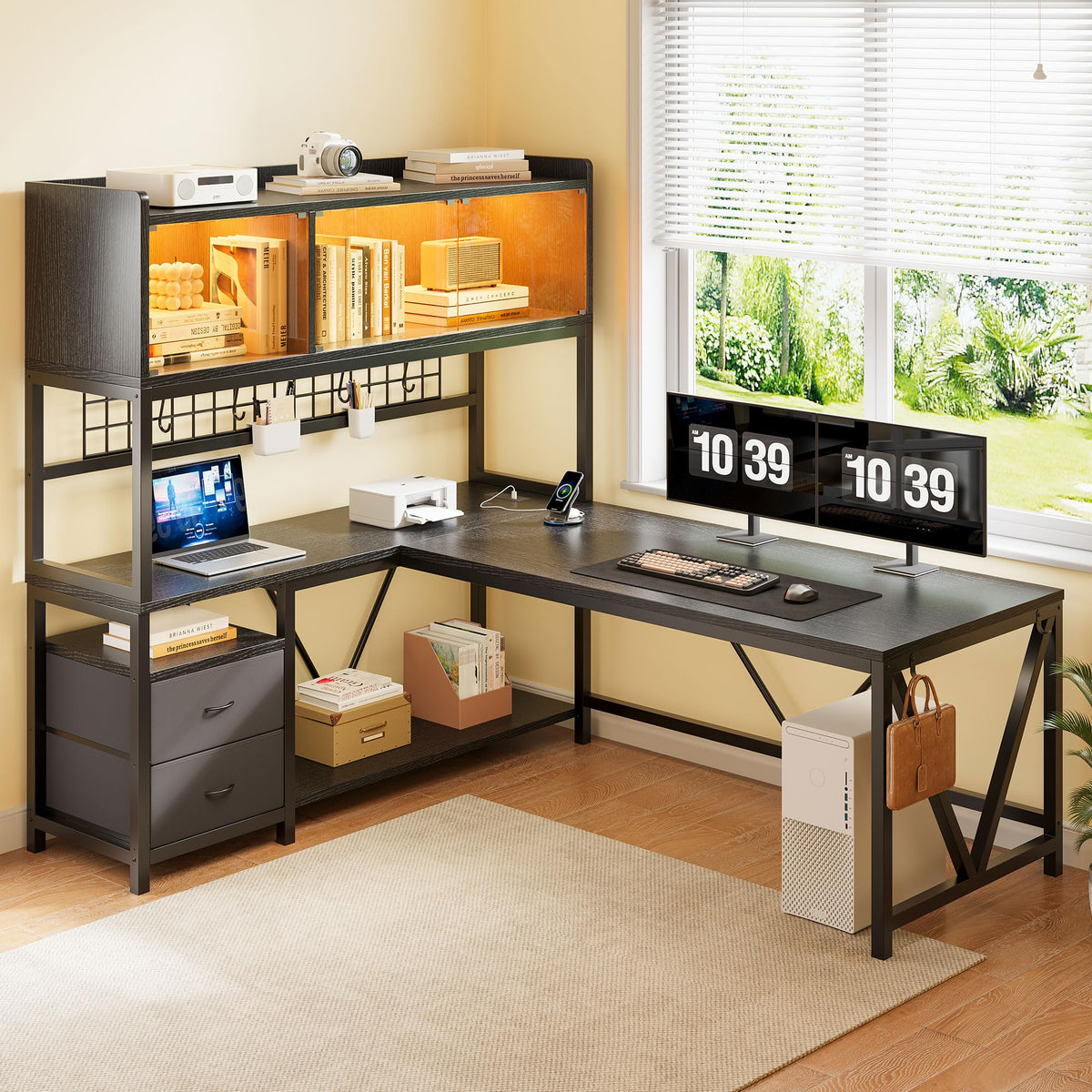 L Shaped Gaming Desk with Fabric Drawers and Power Outlet, Black L4101
